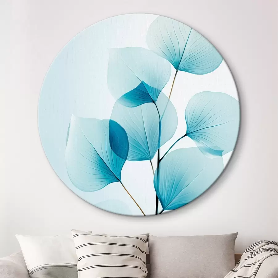 Glezna Zariņš ar caurspīdīgām zilām lapām, redzamas maigas dzīslas, viegla un mierīga kompozīcija, minimālisma estētika r45175