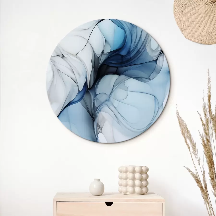 Glezna Abstrakta kompozīcija ar plūstošām līnijām un caurspīdīgām ziedlapiņām zilganbaltos un bēšos toņos, alkohola tintes imitācija r45178