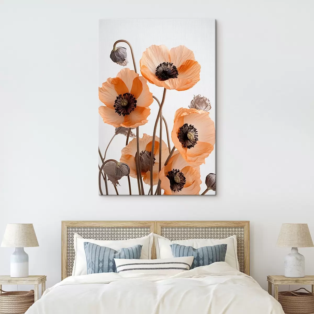 Glezna Oranžās magones, kaltēti ziedi uz gaiša fona, maigs apgaismojums, maigi ziedlapiņas, ziedu kompozīcija s45167