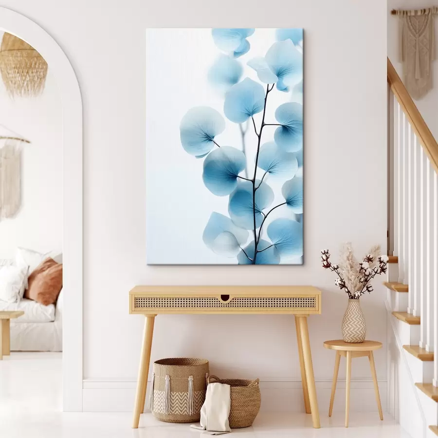 Glezna Zariņš ar caurspīdīgām zilām lapām, redzamas maigas dzīslas, viegla un mierīga kompozīcija, minimālisma estētika s45176