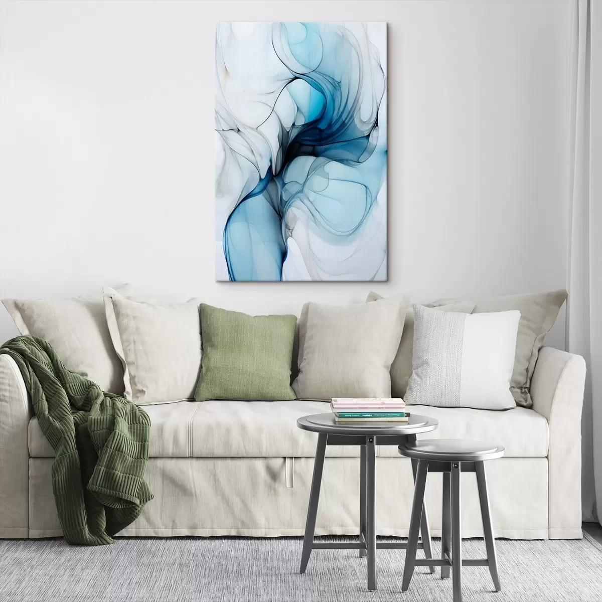 Glezna Abstrakta kompozīcija ar plūstošām līnijām un caurspīdīgām ziedlapiņām zilganbaltos un bēšos toņos, alkohola tintes imitācija s45178