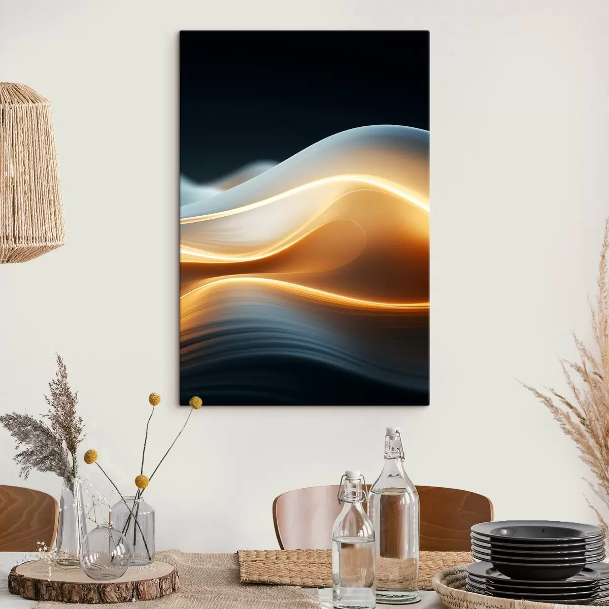 Glezna Abstraktas plūstošas formas ar oranžām līnijām, gludas līknes un līnijas, dinamiska kompozīcija, tumšs fons s45183