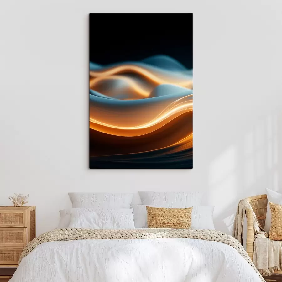 Glezna Abstraktas plūstošas formas ar oranžām līnijām, gludas līknes un līnijas, dinamiska kompozīcija, tumšs fons s45184