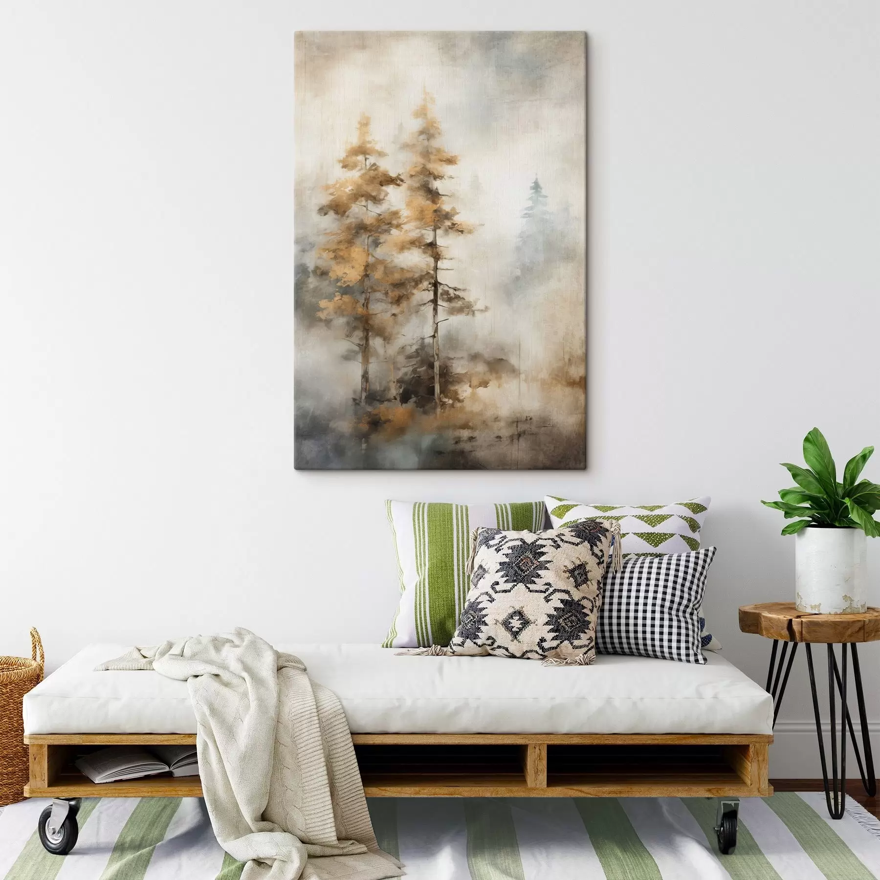 Glezna Teksturēti augsti koki ar dzeltenām lapām mežā , fons ir maigu zilu un brūnu toņu sajaukums s45188