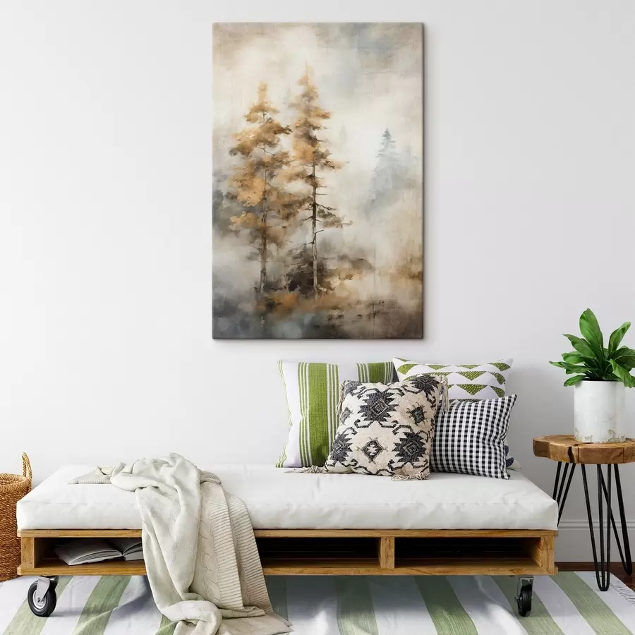 Glezna Teksturēti augsti koki ar dzeltenām lapām mežā , fons ir maigu zilu un brūnu toņu sajaukums s45188