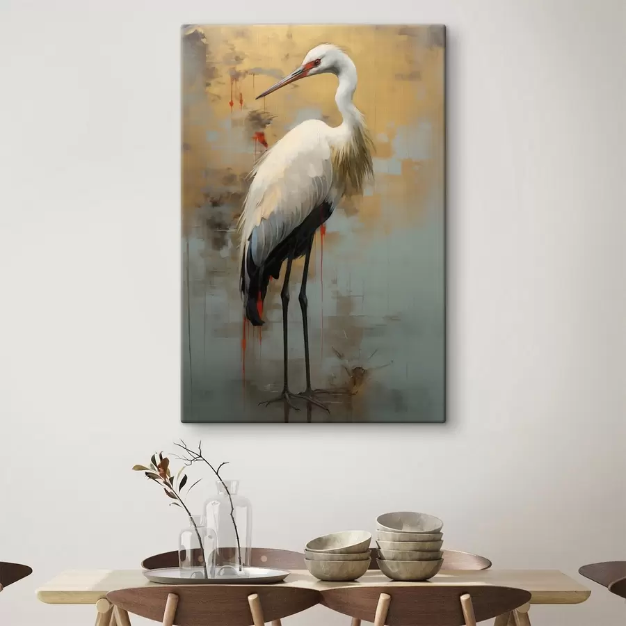 Glezna Balts gārnis uz dzeltenas, brūnas un zilas krāsas fona, kas atgādina miglainu, abstraktu ainavu s45191