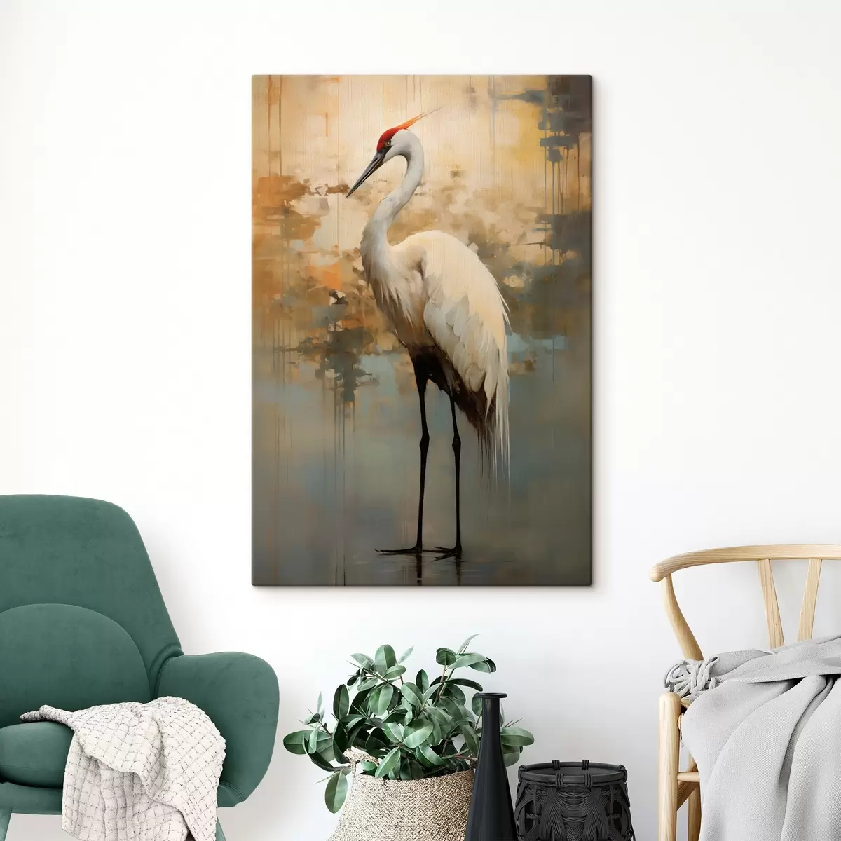 Glezna Balts gārnis uz dzeltenas, brūnas un zilas krāsas fona, kas atgādina miglainu, abstraktu ainavu s45192