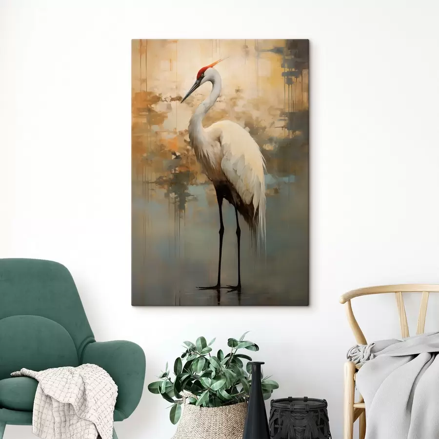 Glezna Balts gārnis uz dzeltenas, brūnas un zilas krāsas fona, kas atgādina miglainu, abstraktu ainavu s45192