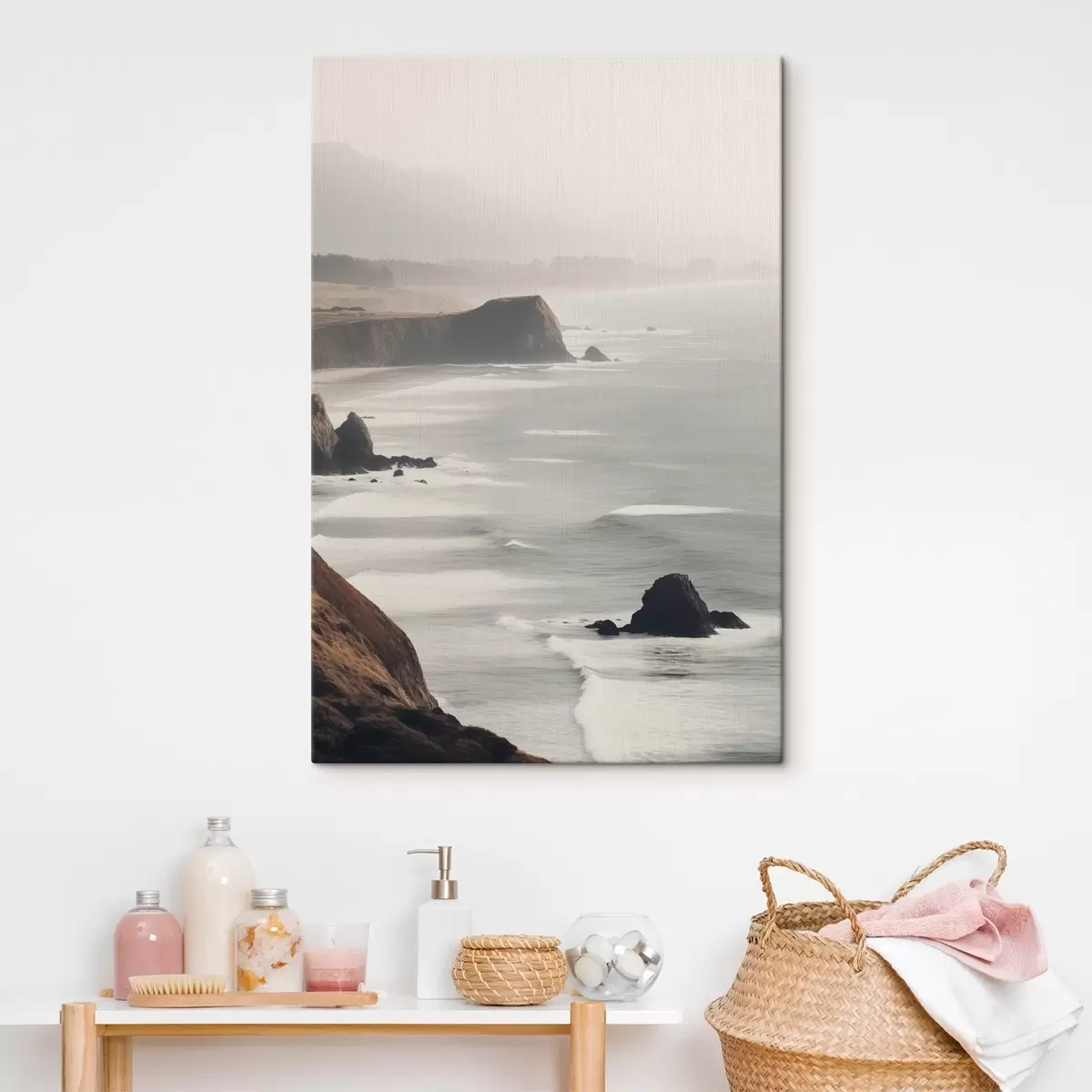 Glezna Akmeņainas klintis un jūras piekraste, viļņi, kas saduras krastā, ainava ar noskaņu atmosfēru, zemes toņi s45194