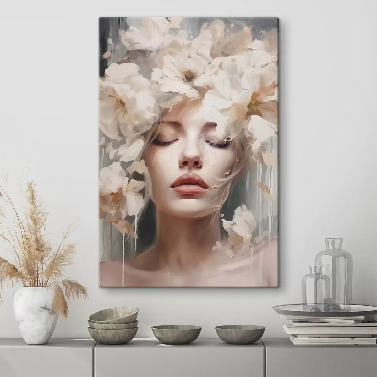 Glezna Sievietes portrets ar baltiem ziediem s45218