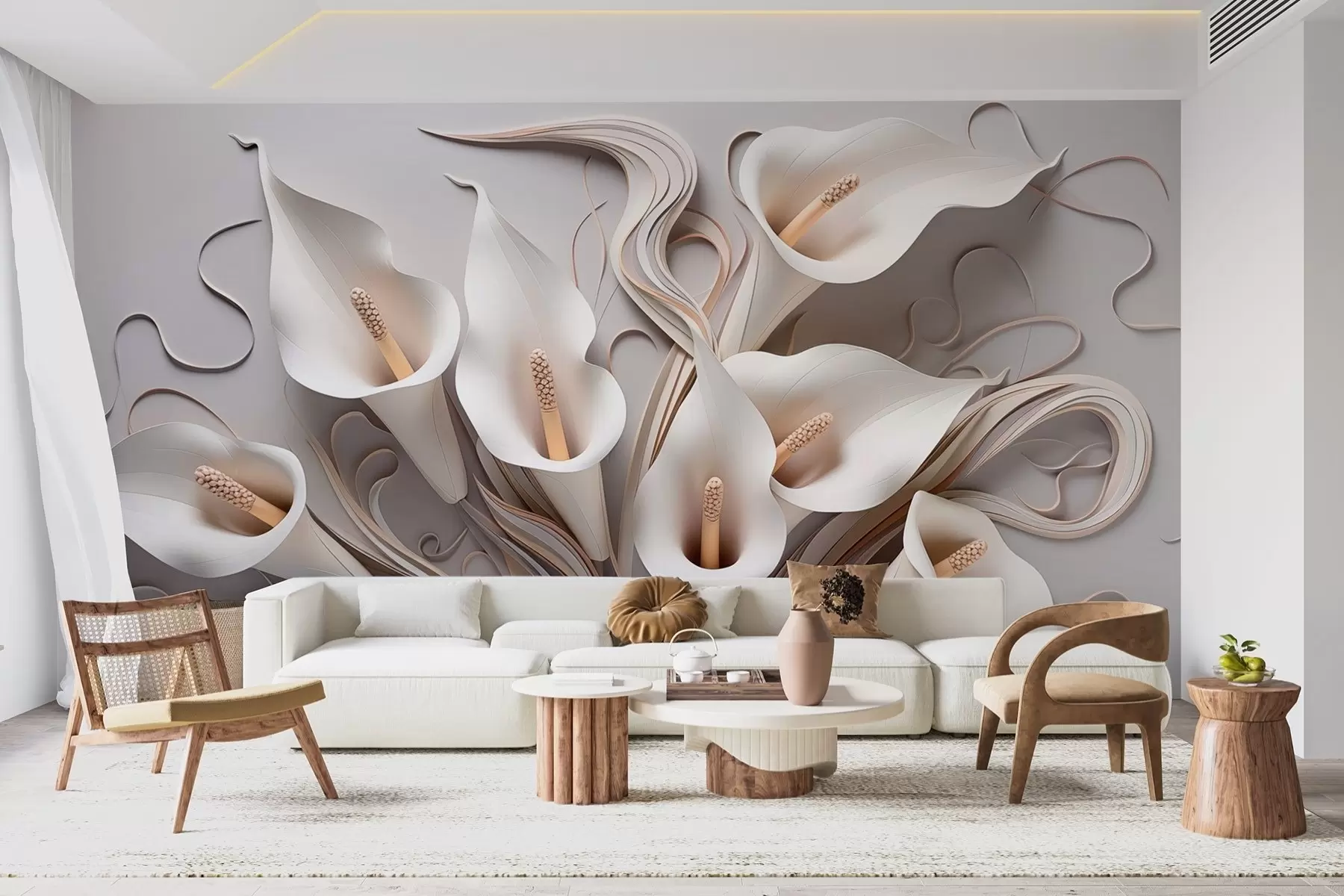 Fototapetes Krēmkrāsas toņu tilpuma kalla lilijas ar 3D efektu w09281