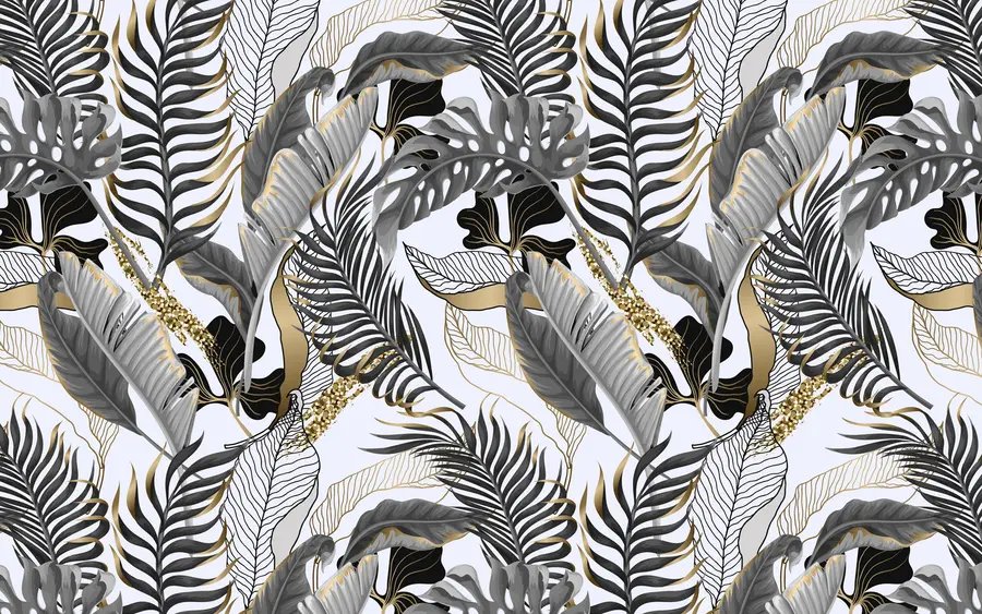 Fototapetes Tropu lapas pelēkas uz balta fona u71888