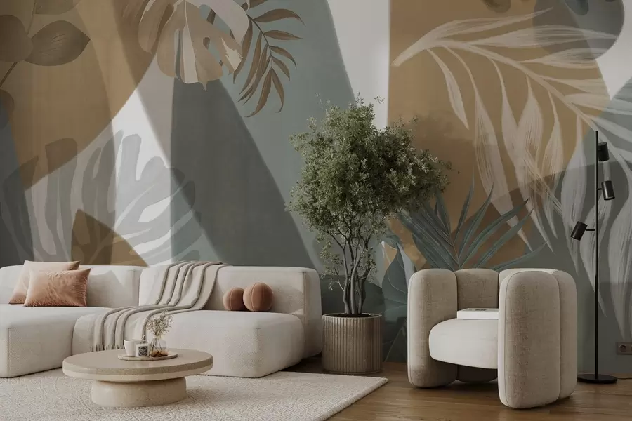 Fototapetes Monsteras lapas un palmu lapas ar brūnu, baltu un zaļu krāsu rakstu, tropu noskaņa, abstraktas formas, dekoratīvas w09288