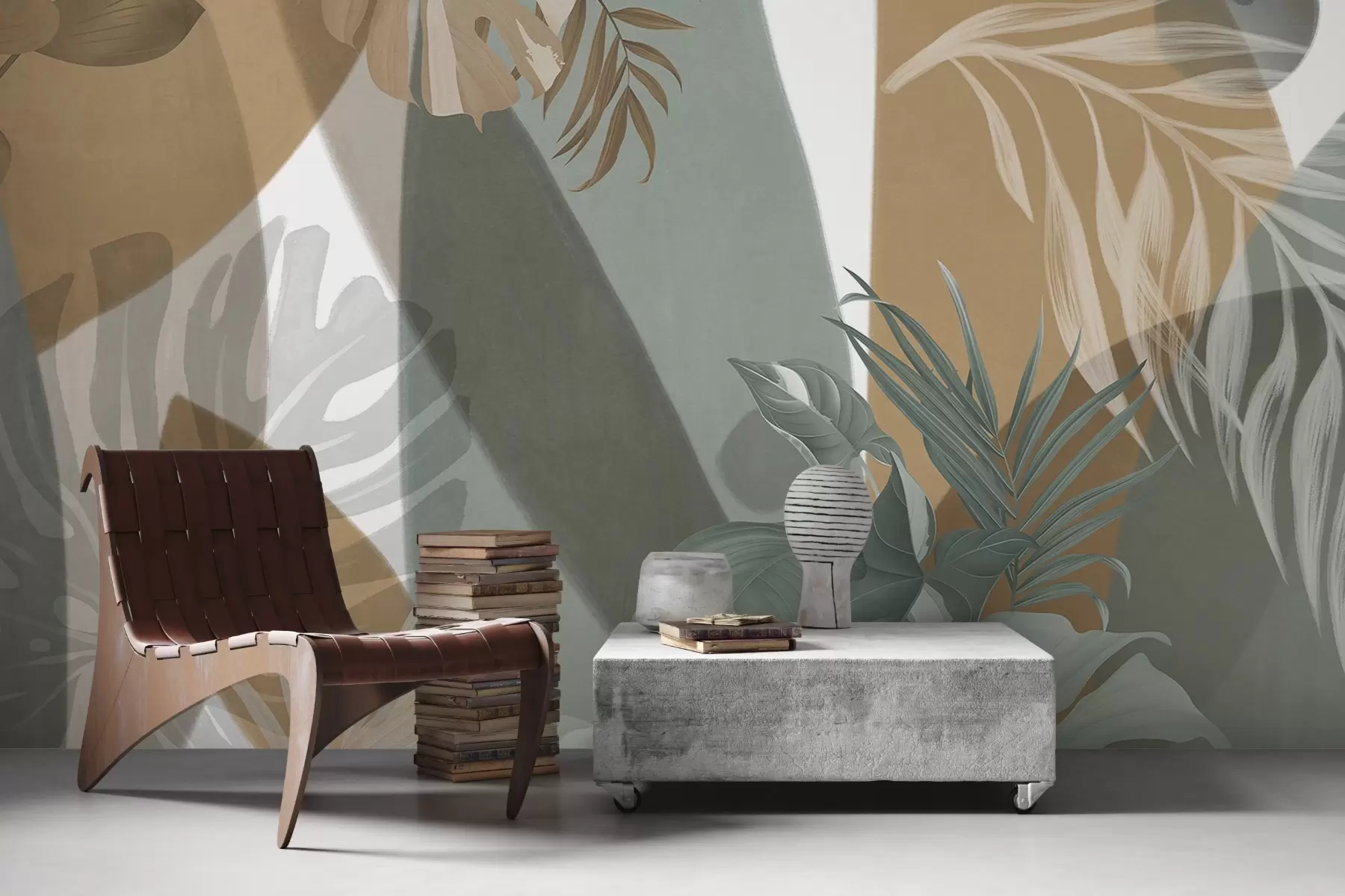 Fototapetes Monsteras lapas un palmu lapas ar brūnu, baltu un zaļu krāsu rakstu, tropu noskaņa, abstraktas formas, dekoratīvas w09288