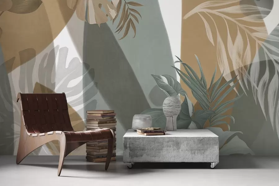 Fototapetes Monsteras lapas un palmu lapas ar brūnu, baltu un zaļu krāsu rakstu, tropu noskaņa, abstraktas formas, dekoratīvas w09288