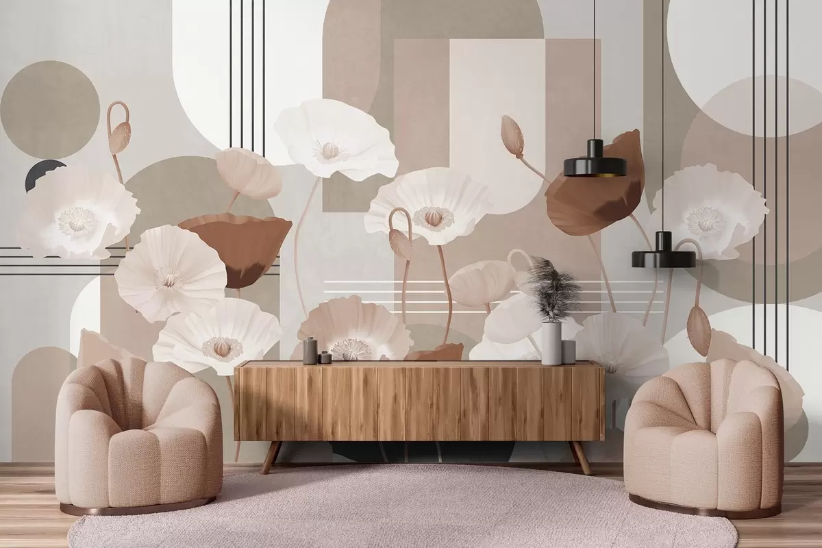 Fototapetes Magones baltā un bēšā krāsā ar ģeometriskām formām fonā, apļi un arkas, minimālisma stils, maigas krāsas w09289