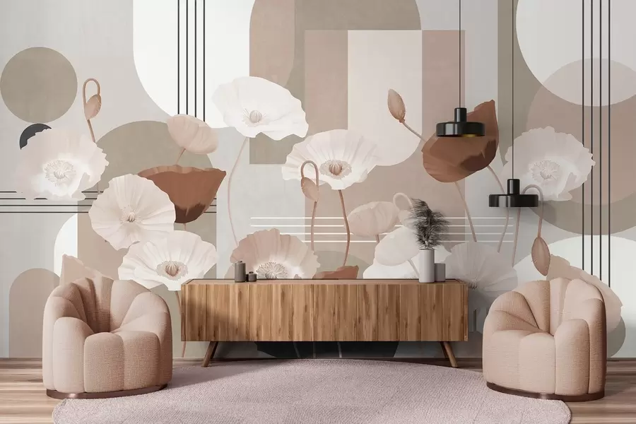 Fototapetes Magones baltā un bēšā krāsā ar ģeometriskām formām fonā, apļi un arkas, minimālisma stils, maigas krāsas w09289