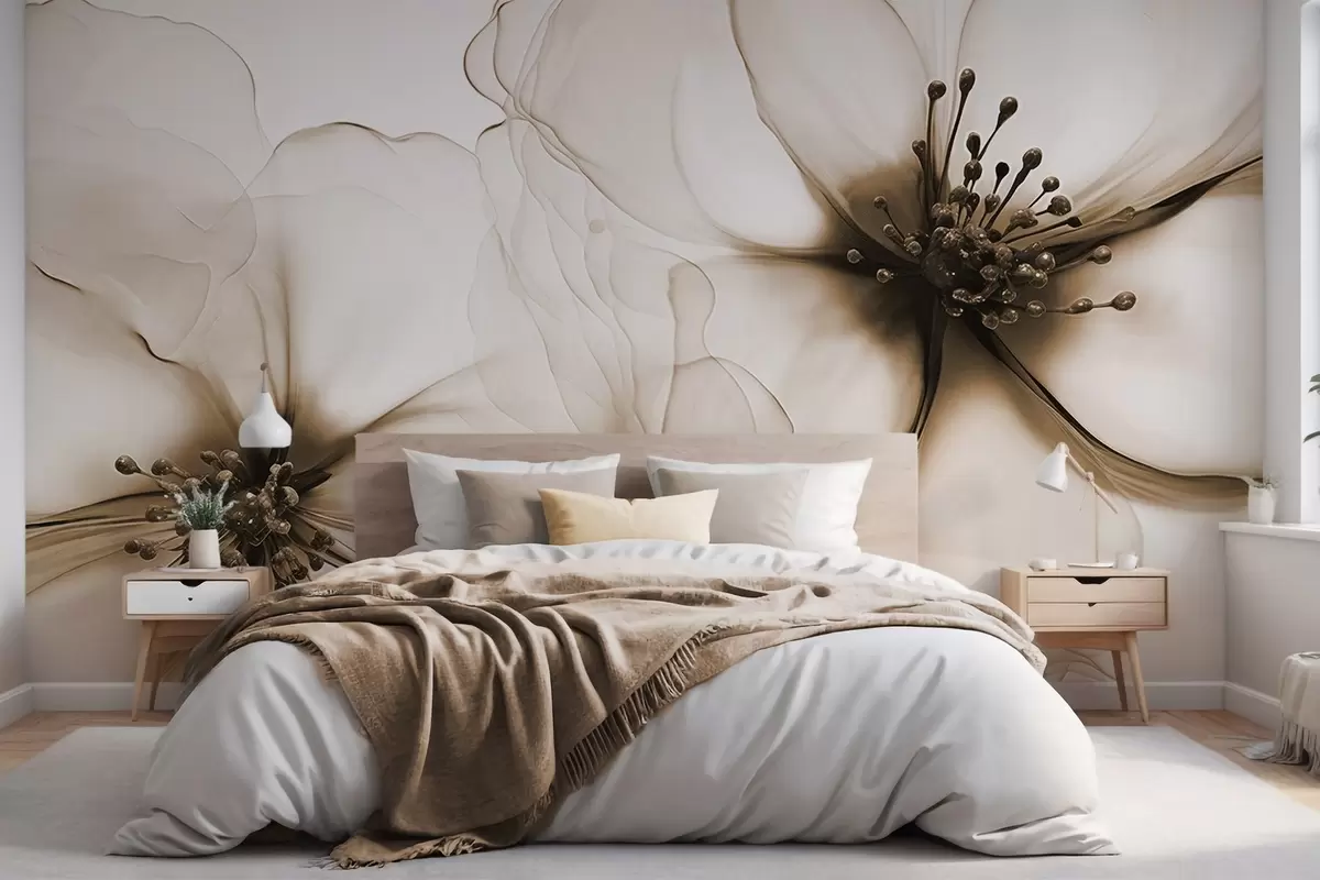 Fototapetes Divi caurspīdīgi brūni ziedi ar caurspīdīgu tekstūru, redzamiem kociņiem, pārklājošām maigām ziedlapiņām un maigu plūstošu tekstūru w09295