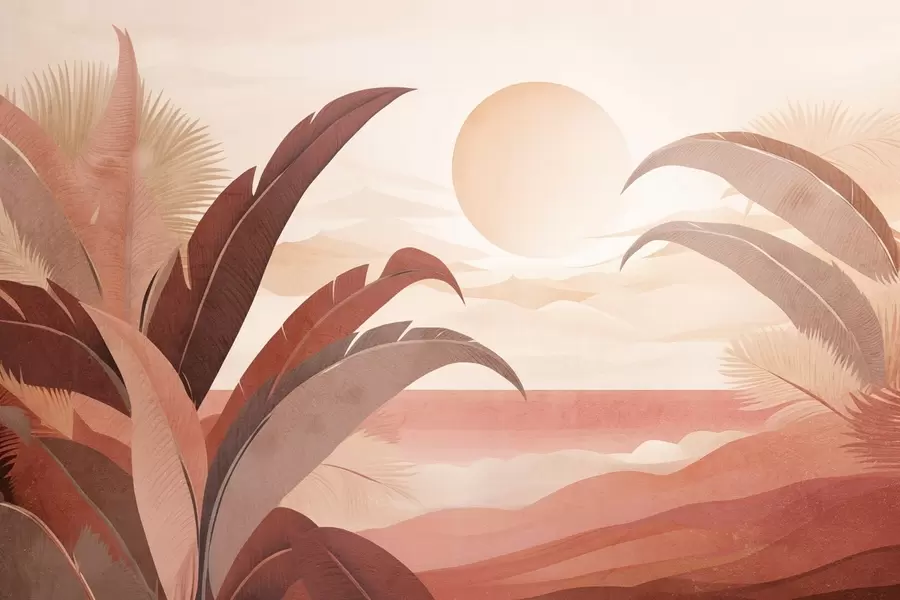 Fototapetes Tropu tekstūras abstrakta ainava ar palmu lapām un lielu sauli debesīs, silta krāsu palete, minimālisma stils, stilizēta w09296