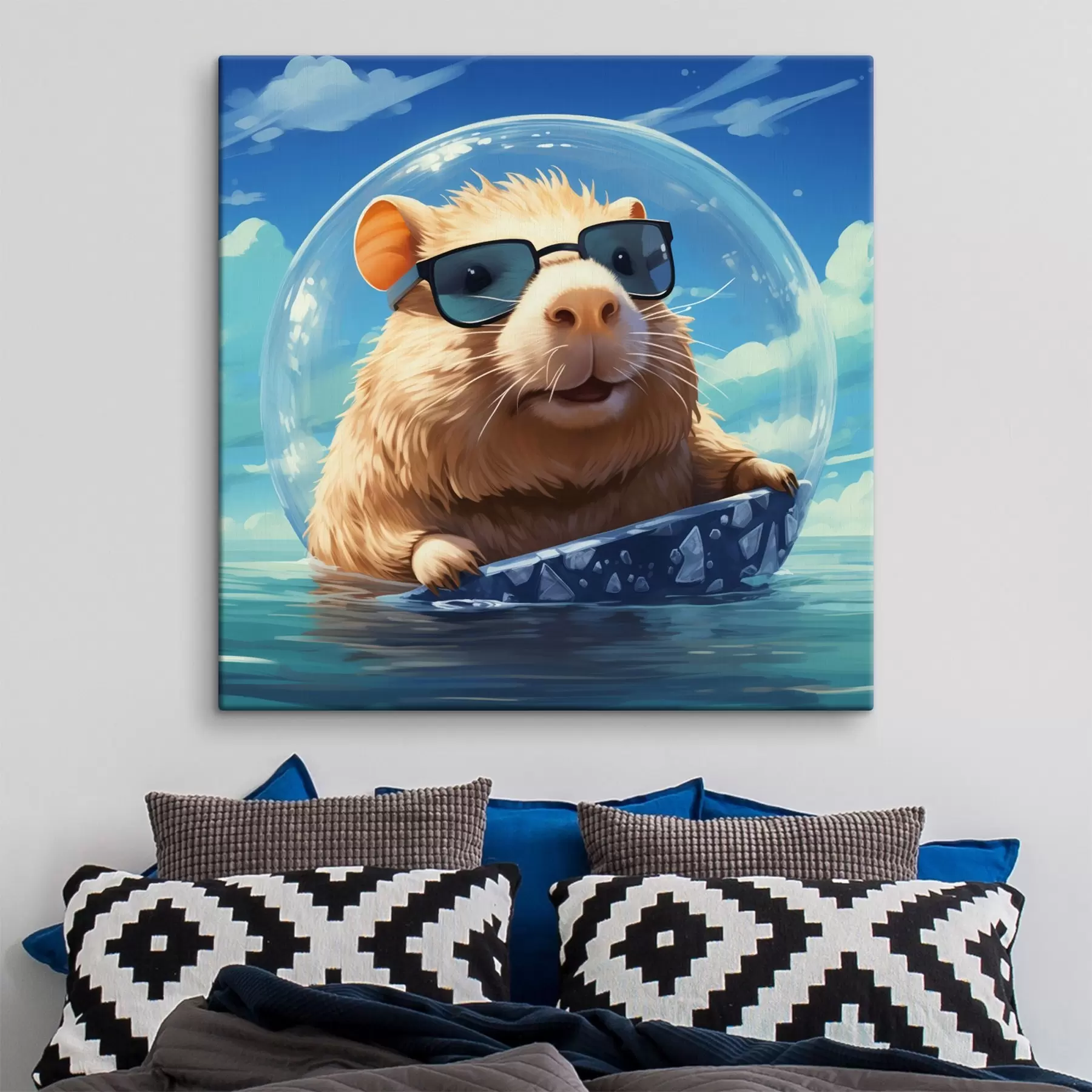 Fototapetes Jautra kapibara caurspīdīgā burbulī uz ūdens s45029