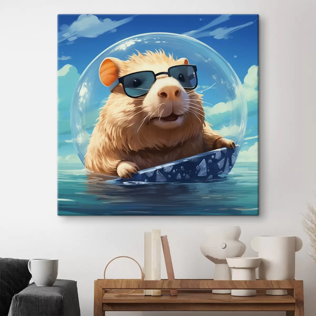Glezna Jautra kapibara caurspīdīgā burbulī uz ūdens s45029