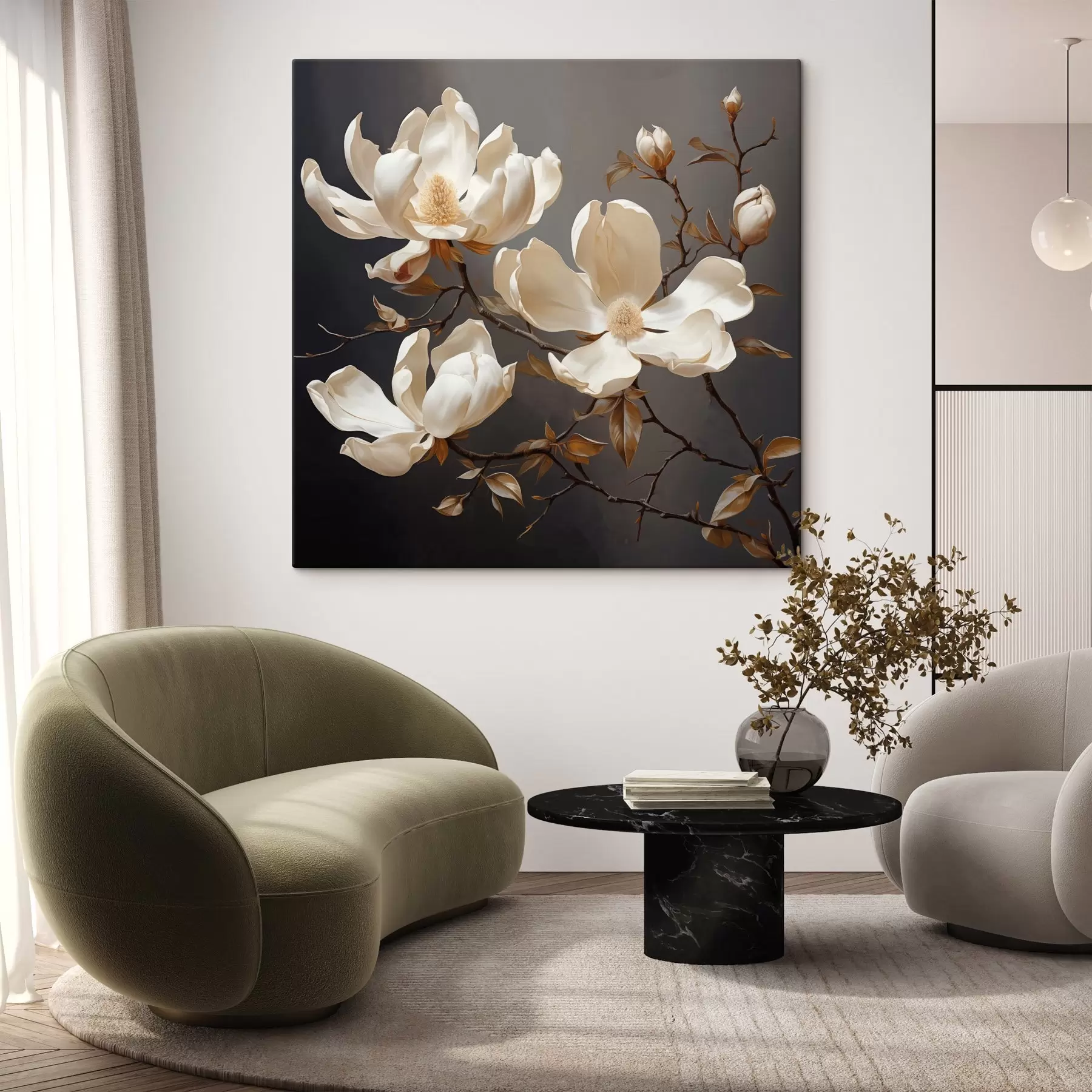 Glezna Baltas magnolijas uz tumša fona gleznieciskā stilā s45038