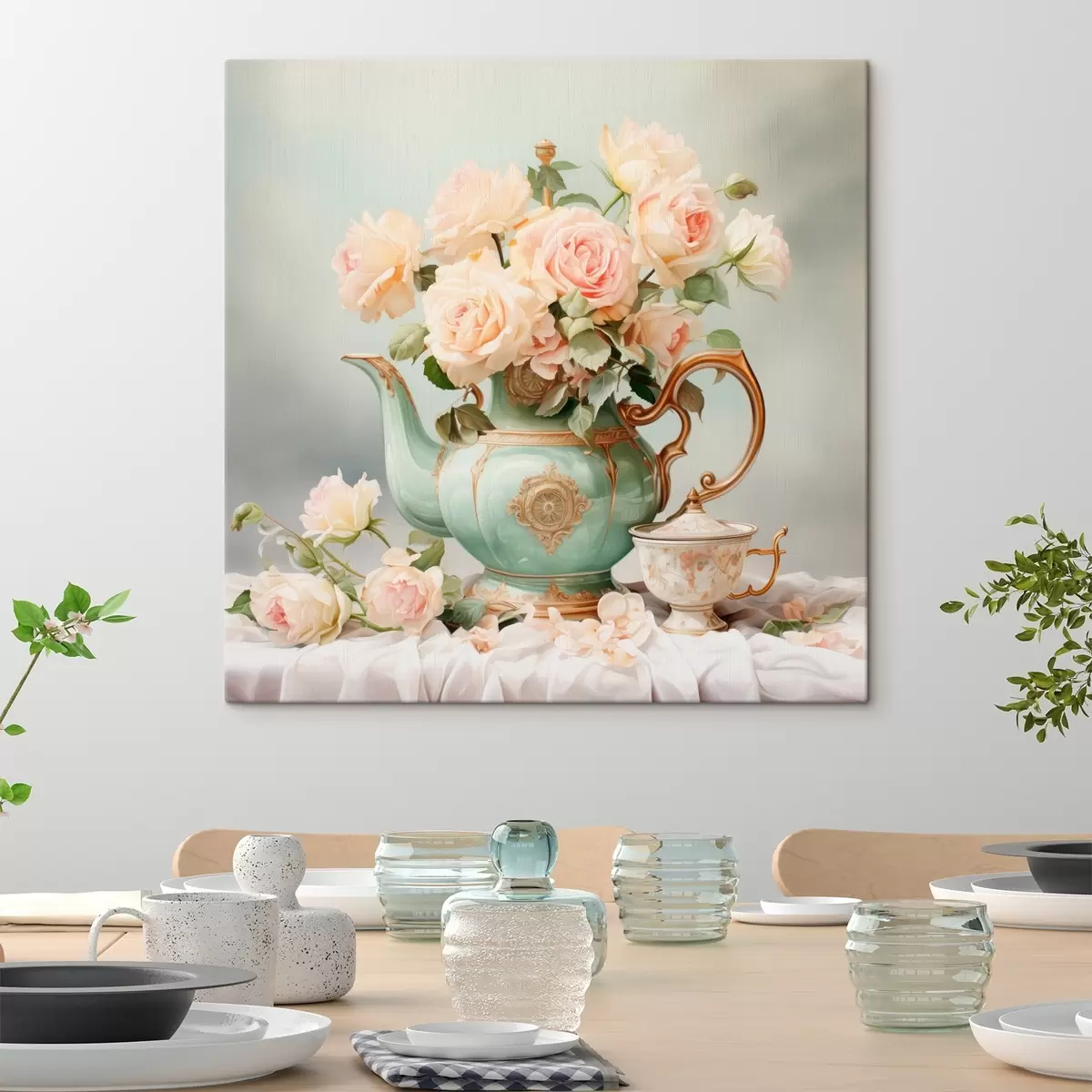 Glezna Klusā daba ar maigām rozēm tējas komplektā s45045