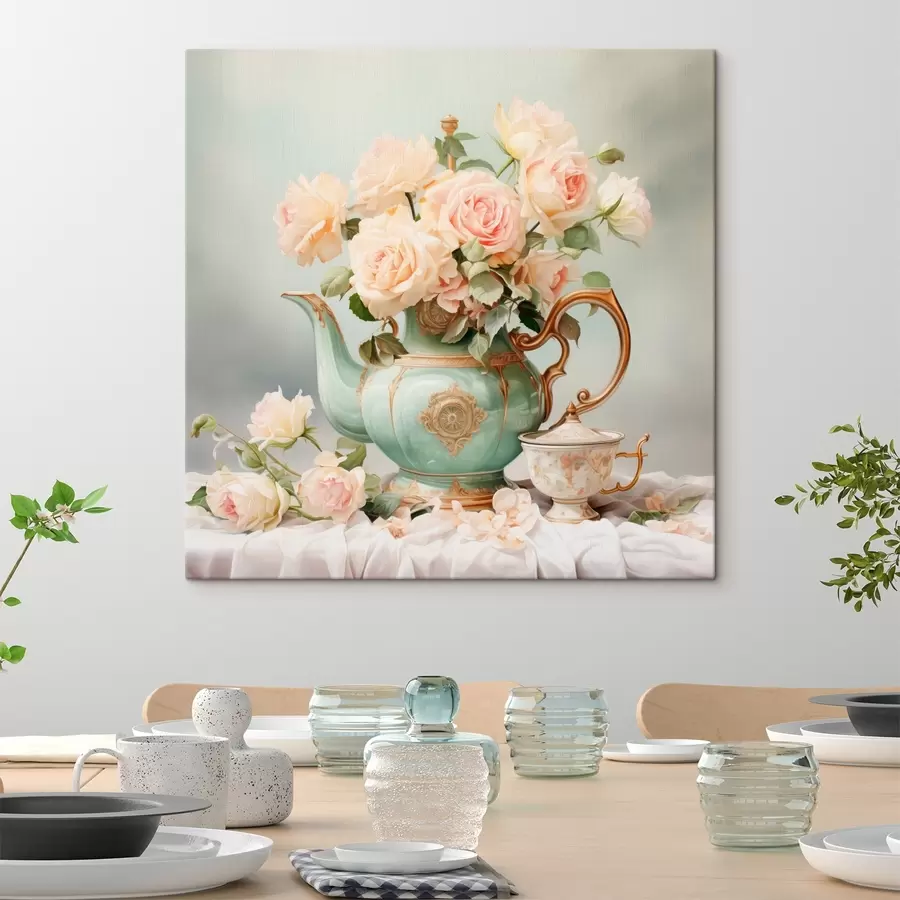 Glezna Klusā daba ar maigām rozēm tējas komplektā s45045
