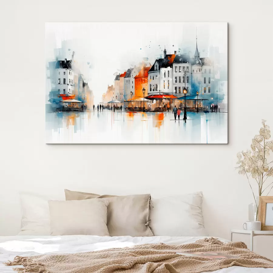 Glezna Ielu aina ar ēkām un cilvēkiem mākslinieciskā stilā s45050