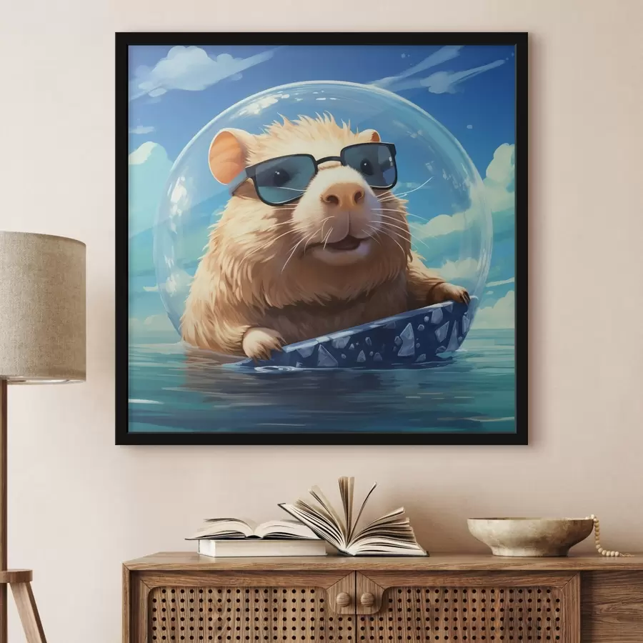 Fototapetes Jautra kapibara caurspīdīgā burbulī uz ūdens f45029