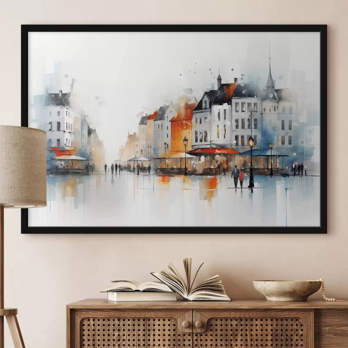 Plakāts Ielu aina ar ēkām un cilvēkiem mākslinieciskā stilā f45050