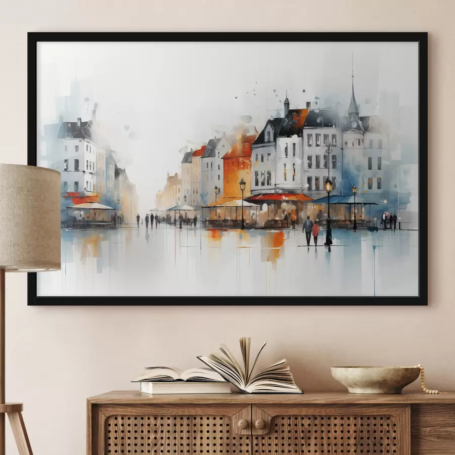 Fototapetes Ielu aina ar ēkām un cilvēkiem mākslinieciskā stilā f45050