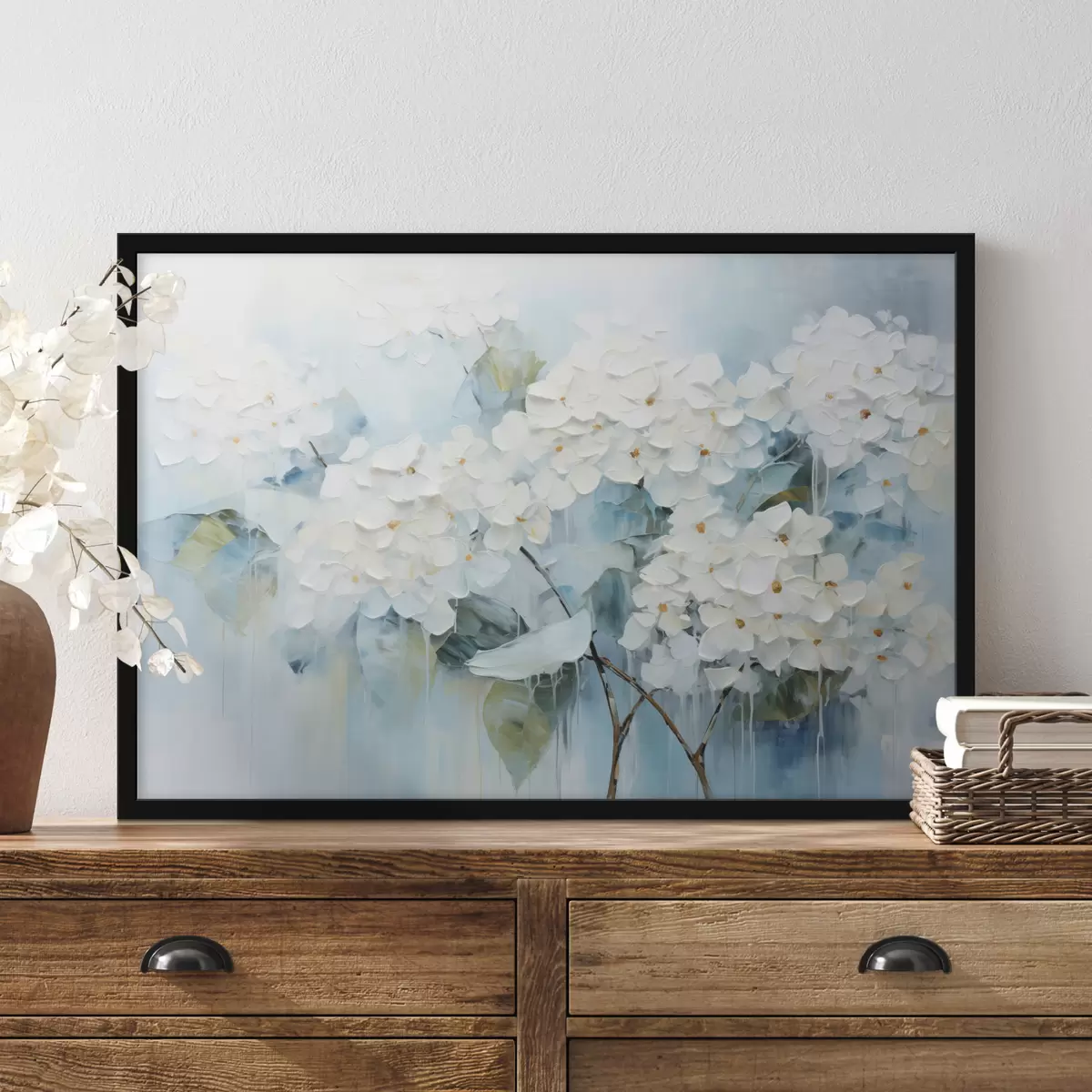Plakāts Ziedošas baltas hortenzijas eļļas gleznošanas stilā f45051