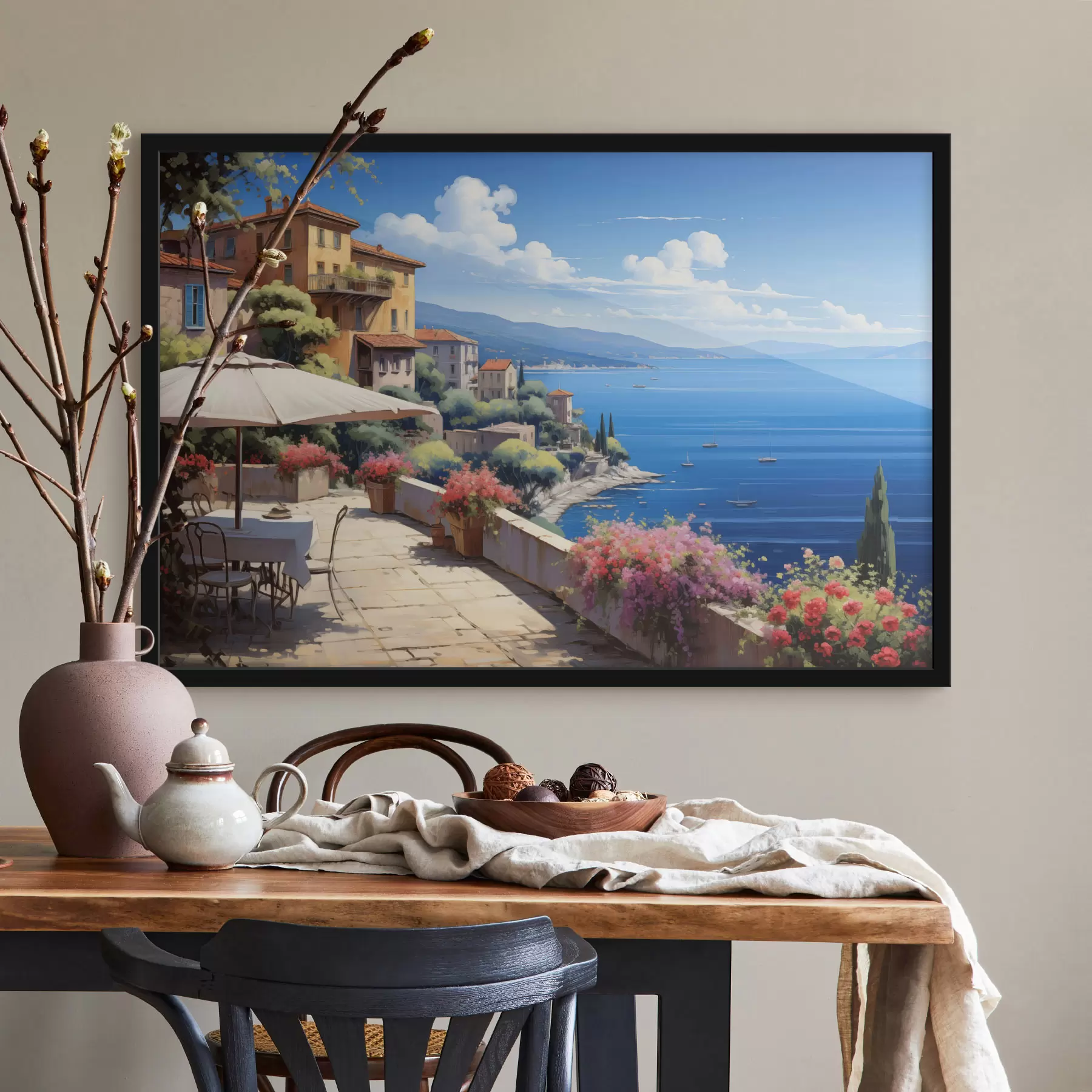 Fototapetes Vidusjūras ainava ar ziedošu terasi mākslinieciskā stilā f45053