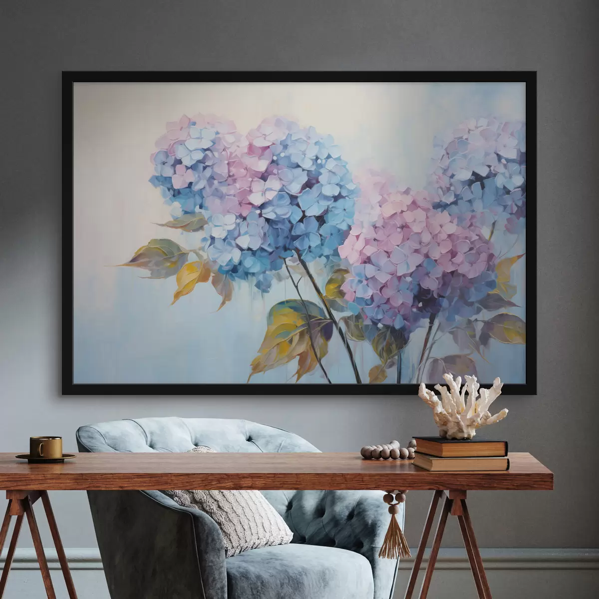 Plakāts Abstraktie hortenziju ziedi maigos toņos f45056