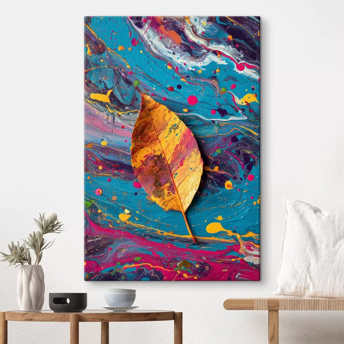Glezna Spilgtas lapas uz krāsaina fona: abstrakta kompozīcija s45245