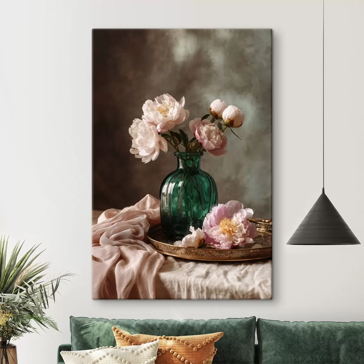 Glezna Maigi rozā peonijas smaragdzaļā vāzē s45261