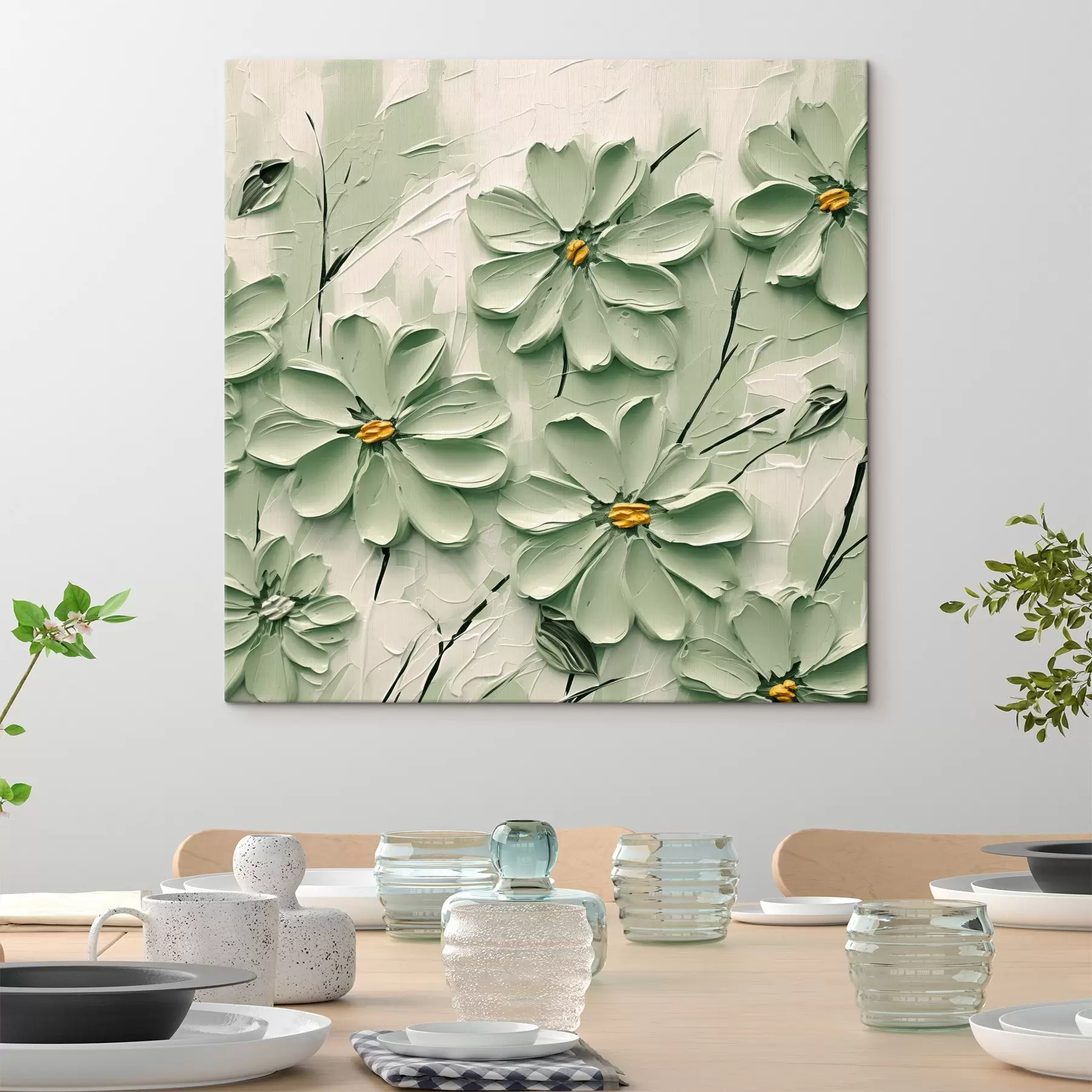 Glezna Zaļie ziedi ar dzelteniem centriem, kas uzgleznoti bieziem triepieniem uz gaiša fona s45265