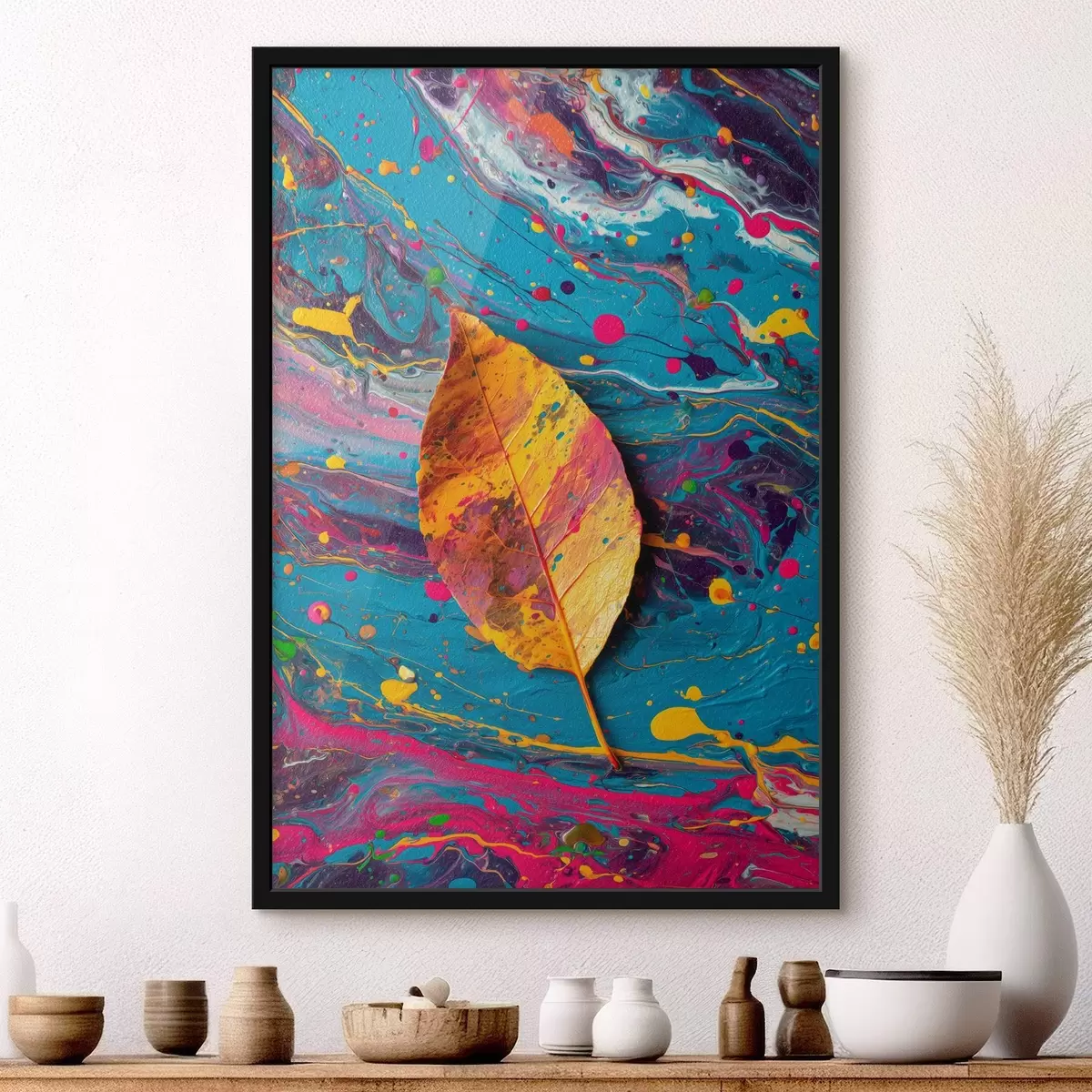 Plakāts Spilgtas lapas uz krāsaina fona: abstrakta kompozīcija f45245