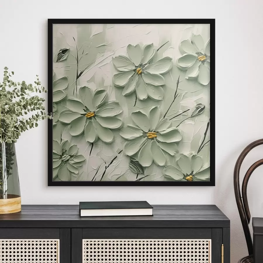 Fototapetes Zaļie ziedi ar dzelteniem centriem, kas uzgleznoti bieziem triepieniem uz gaiša fona f45265