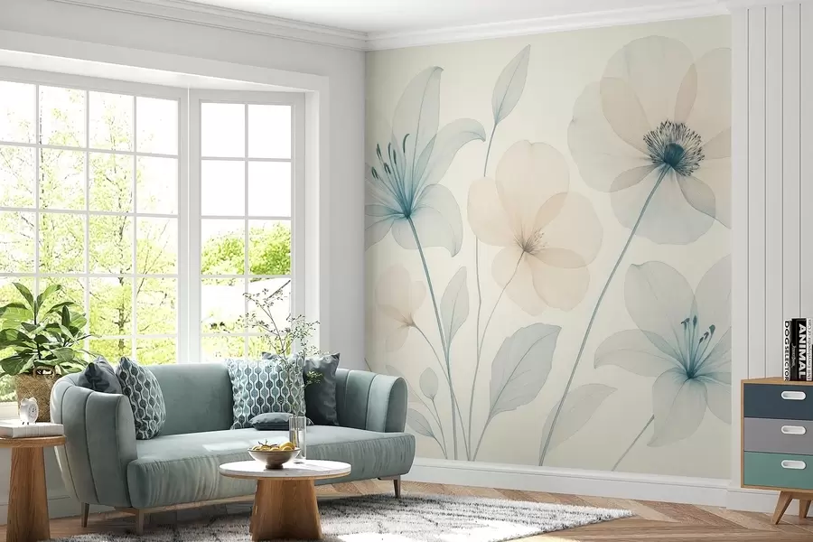 Fototapetes Maigi ziedi pasteļzilā un krēmkrāsas akvareļu stilā w09287