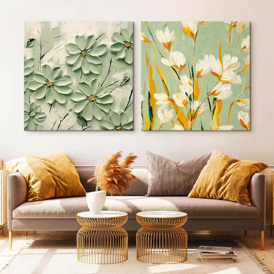 Glezna Ziedu pļava: mākslas kompozīcija ar apjomīgiem ziediem uz pasteļfona m00567