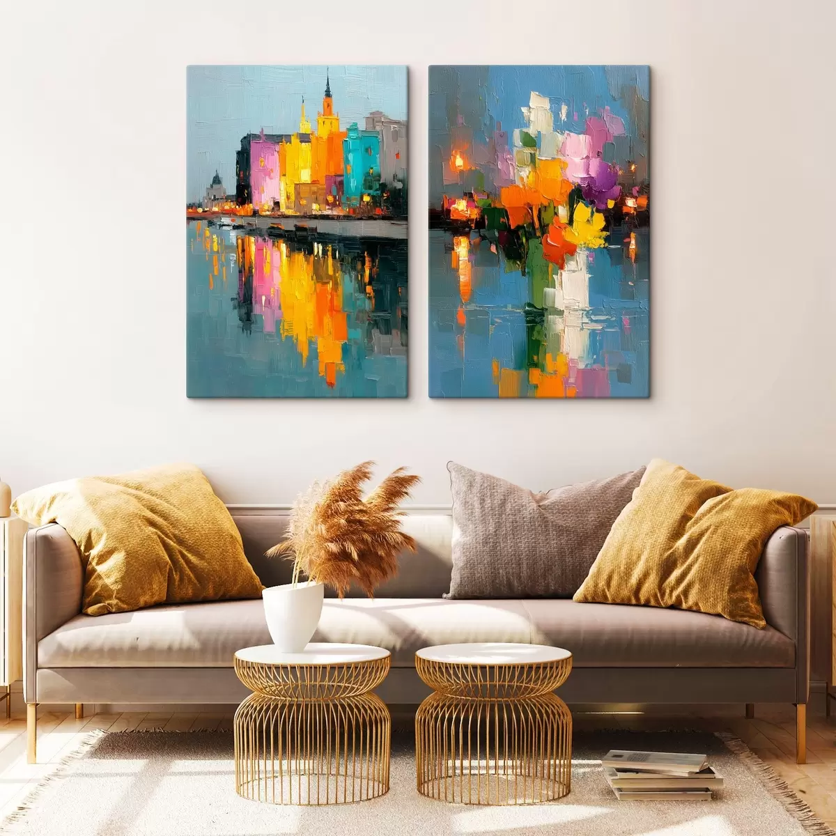 Glezna Pilsētas dinamika: abstrakta kompozīcija ar gaismu atspulgiem upē m00569