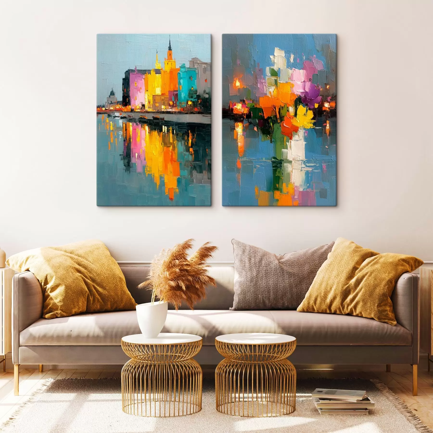 Glezna Pilsētas dinamika: abstrakta kompozīcija ar gaismu atspulgiem upē m00569