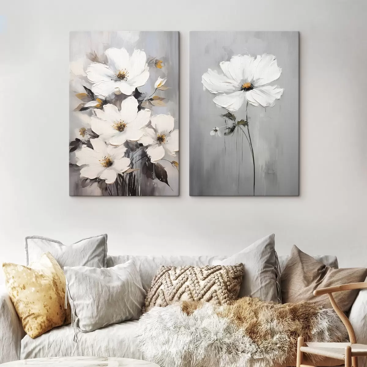 Glezna Mākslinieciska kompozīcija ar baltiem ziediem un fakturētu virsmu minimālisma stilā m00574