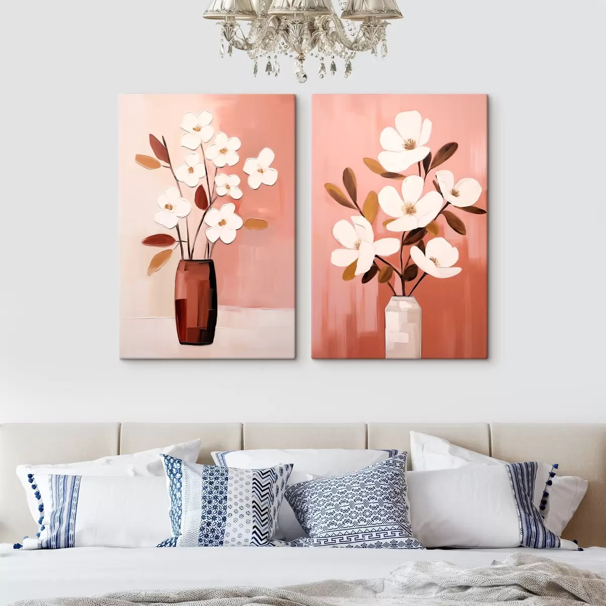 Glezna Kompozīcija ar kontrastējošām vāzēm un fakturētiem baltiem ziediem m00575