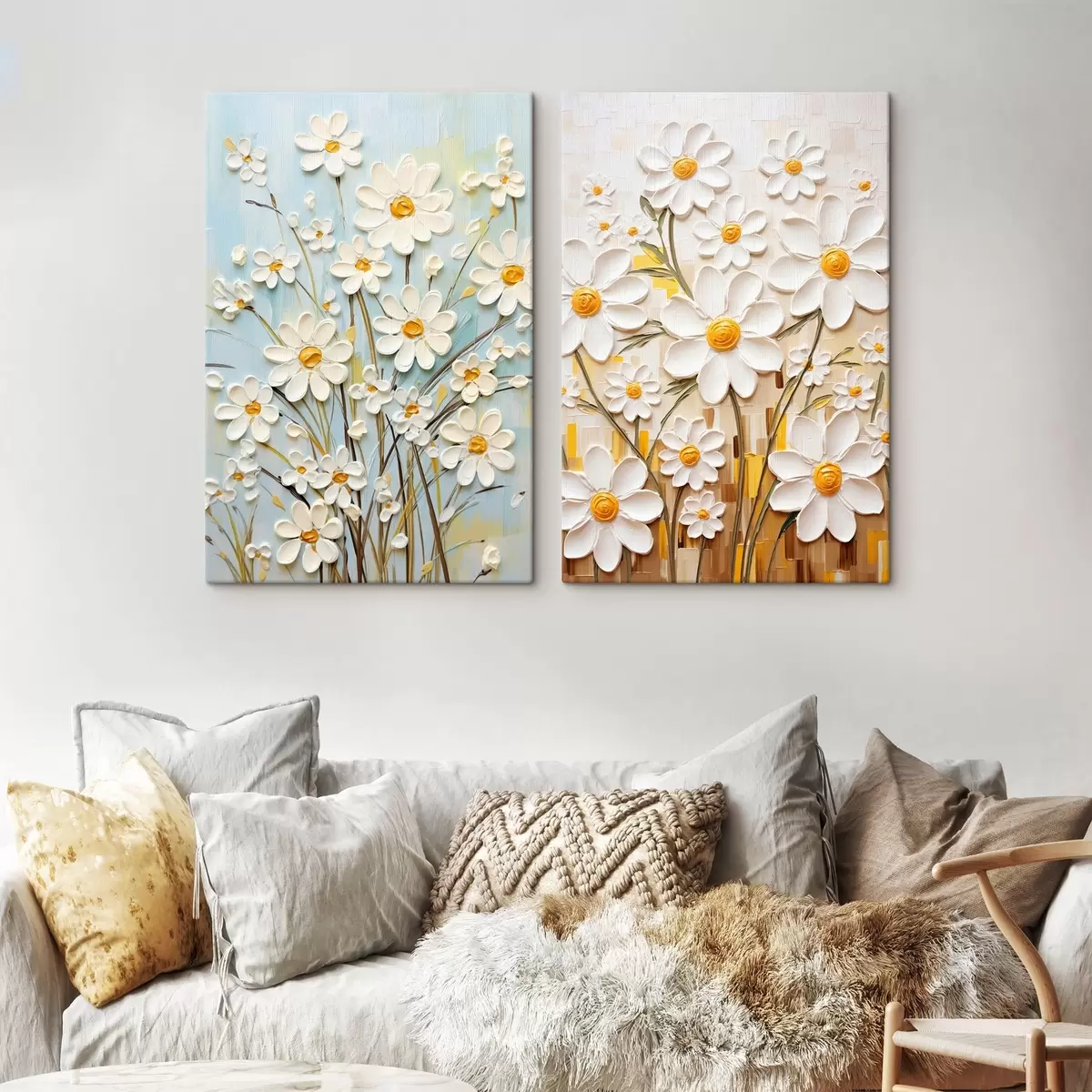 Glezna Saulaini ziedi: mākslas duets ar apjomīgām margrietiņām un dzelteniem akcentiem m00580