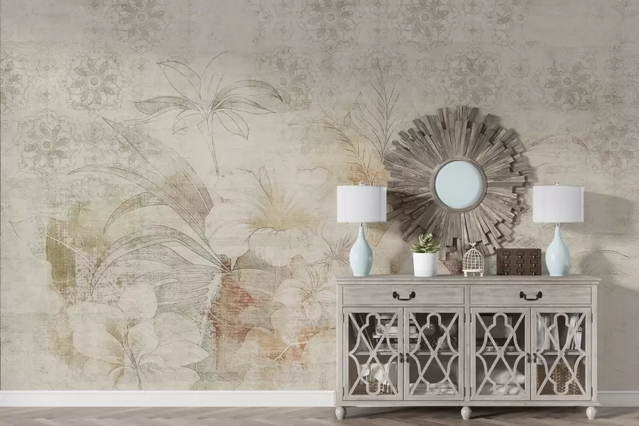 Fototapetes Ziedi un lapas uz teksturēta fona ar ornamentiem w04343