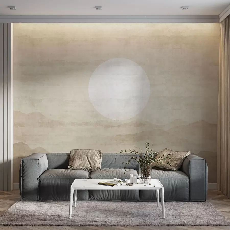 Fototapetes Minimālistiska kalnu ainava ar lielu baltu sauli w04345