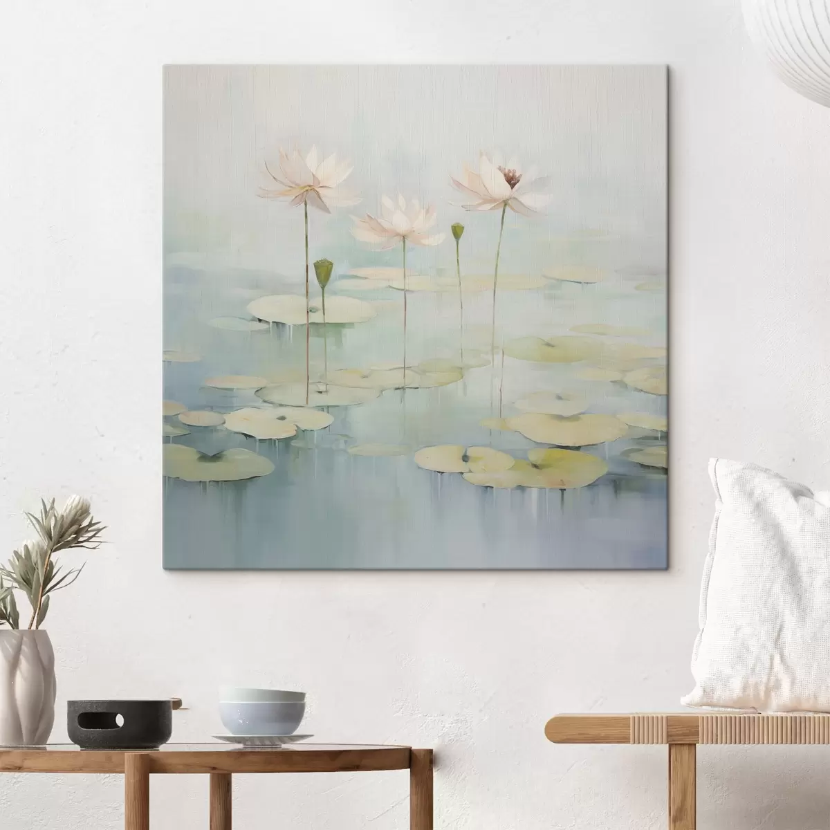 Glezna Lotosa lapas un ziedi uz dīķa s45350